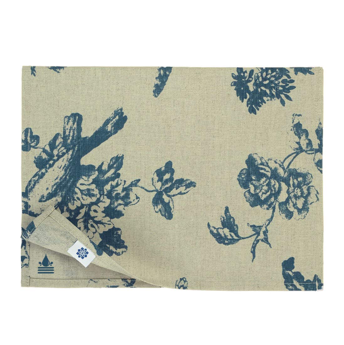Linen & Cotton Waterproof Table Mats Placemats Set of 2 Fiore Flowers Design - 59% Linen, 41% Cotton, Beige Blue (30 x 45 cm) Easy Care Non Slip Tablemats Place Mats Fabric for Home Garden Outdoor