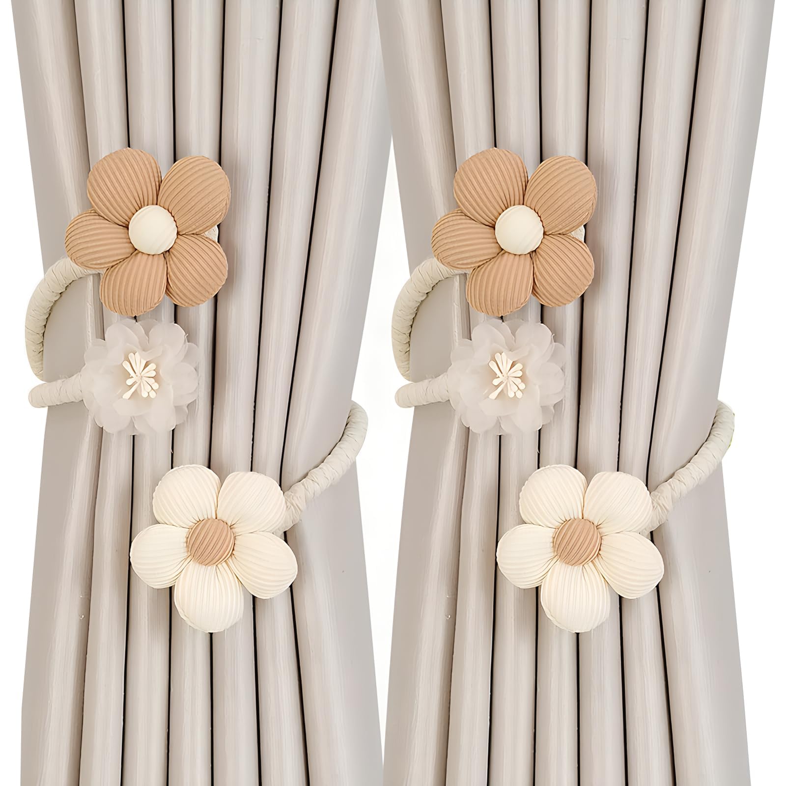 LHLZNB Pentapetal Flower Curtain Tie Backs - Magnetic, Weave Rope Curtain Holdback for Thin or Thick Home (Rice White+Coffee)