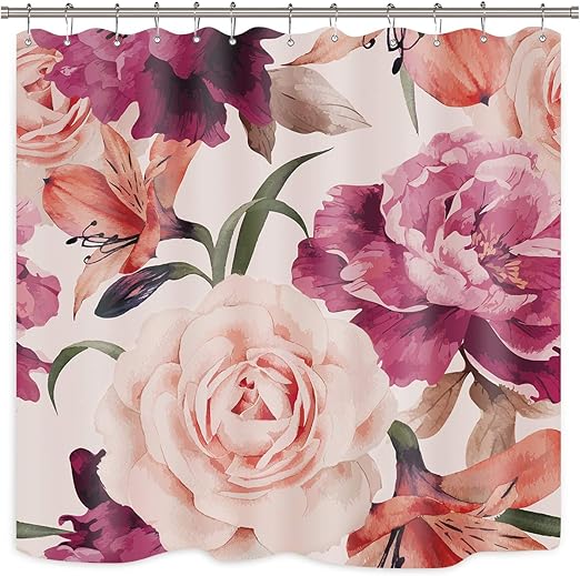 Amazon Com Riyidecor Pink Rose Flower Shower Curtain Set Floral