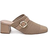 AIUZO Heeled Mules for Women Comfortable Knit Square Closed Toe Slip On Chunky Heels Slide Sandals Ladies Shoes