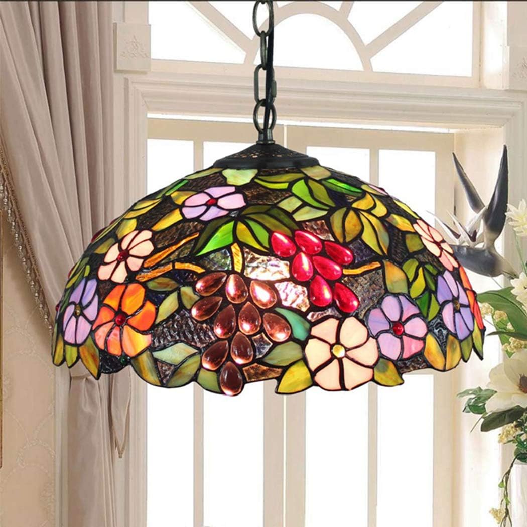 HHYHOME Tiffany Style Pendant Lights European Creative Stained Glass Chandelier Retro Grape Decoration Hanging Lamp Bedroom Living Room Dining Room Veranda Corridor Balcony Lamps Gift 16 Inch