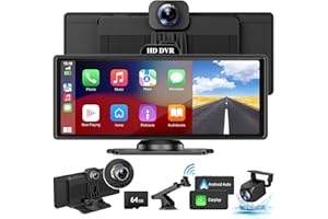 HAUXIY Wireless Apple Carplay Screen for Car with 4K Dash Cam, 10.26" Portable Apple Carplay & Android Auto, HD Touchscren with 1080p Backup Camera, Voice Control/Mirror Link/GPS Navigation/BT/FM