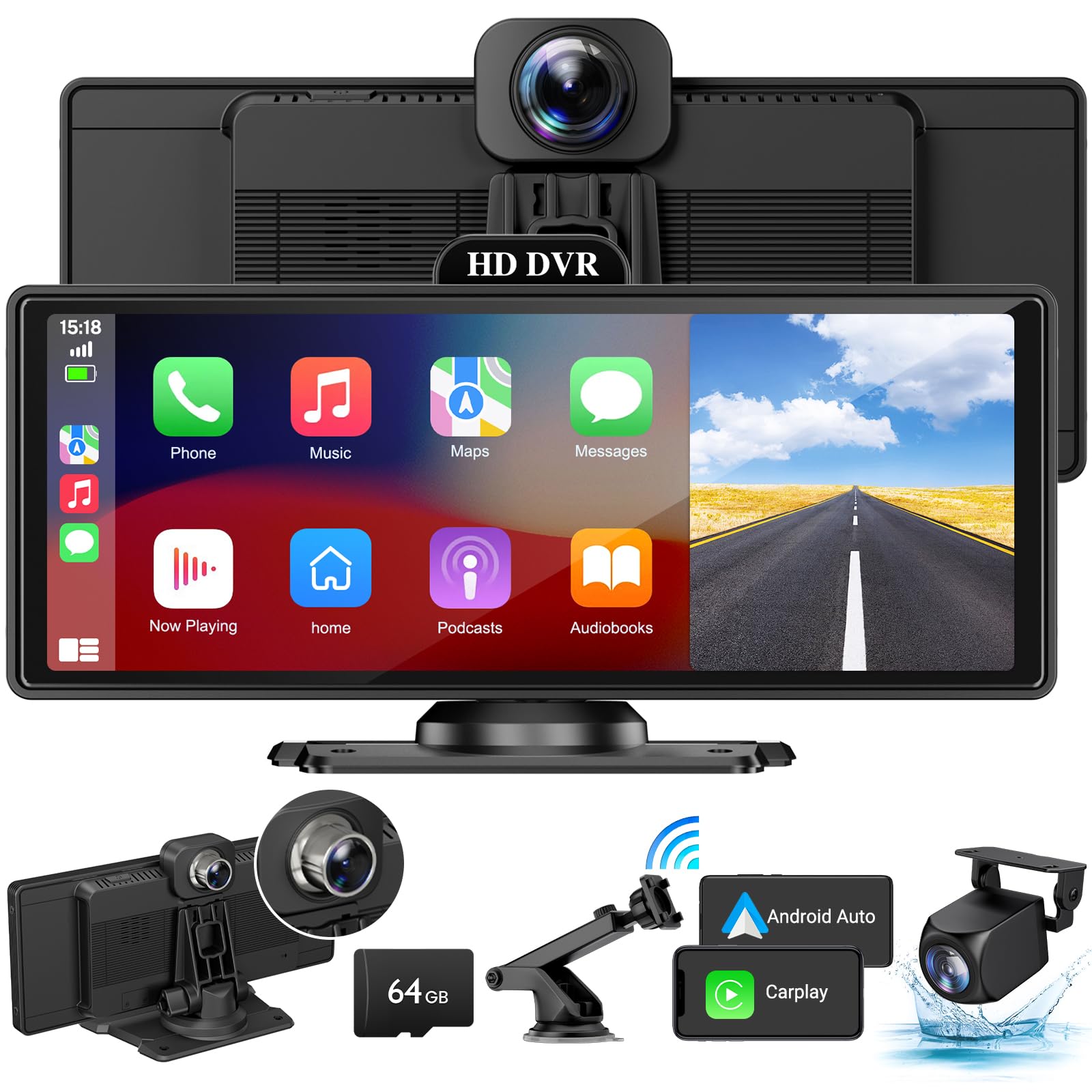 Photo 1 of Wireless Apple Carplay Screen for Car with 4K Dash Cam, 10.26" Portable Apple Carplay & Android Auto, HD Touchscren with 1080p Backup Camera, Voice Control/Mirror Link/GPS Navigation/BT/FM