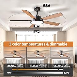 TALOYA 52 Inch Black Ceiling Fans with Lights Led