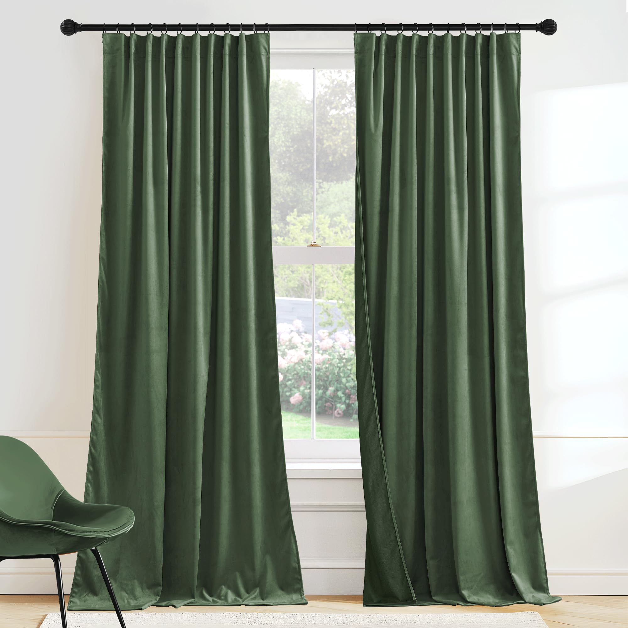 Photo 1 of RYB HOME Elegant Green Velvet Curtains 84 inches Long, Light Blocking, Thermal Insulated, Stylish Velvet Drapes with Hook Belt for Cozy Home Aesthetics, 52" W x L96 L, 2 Panels Set