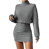 Women's Pullover Sweater Dress Long Lantern Sleeve Turtle Neck Cute Ribbed Knit Bodycon Mini Short Dress 2025 Fall
