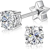 Moissanite Earrings Studs - 925 Sterling Silver Earrings for Women Men 14K Gold Plated Double Sided Star Flat Back Stud Earring Hypoallergenic Small Cartilage Helix Piercing Jewelry D Color VVS1
