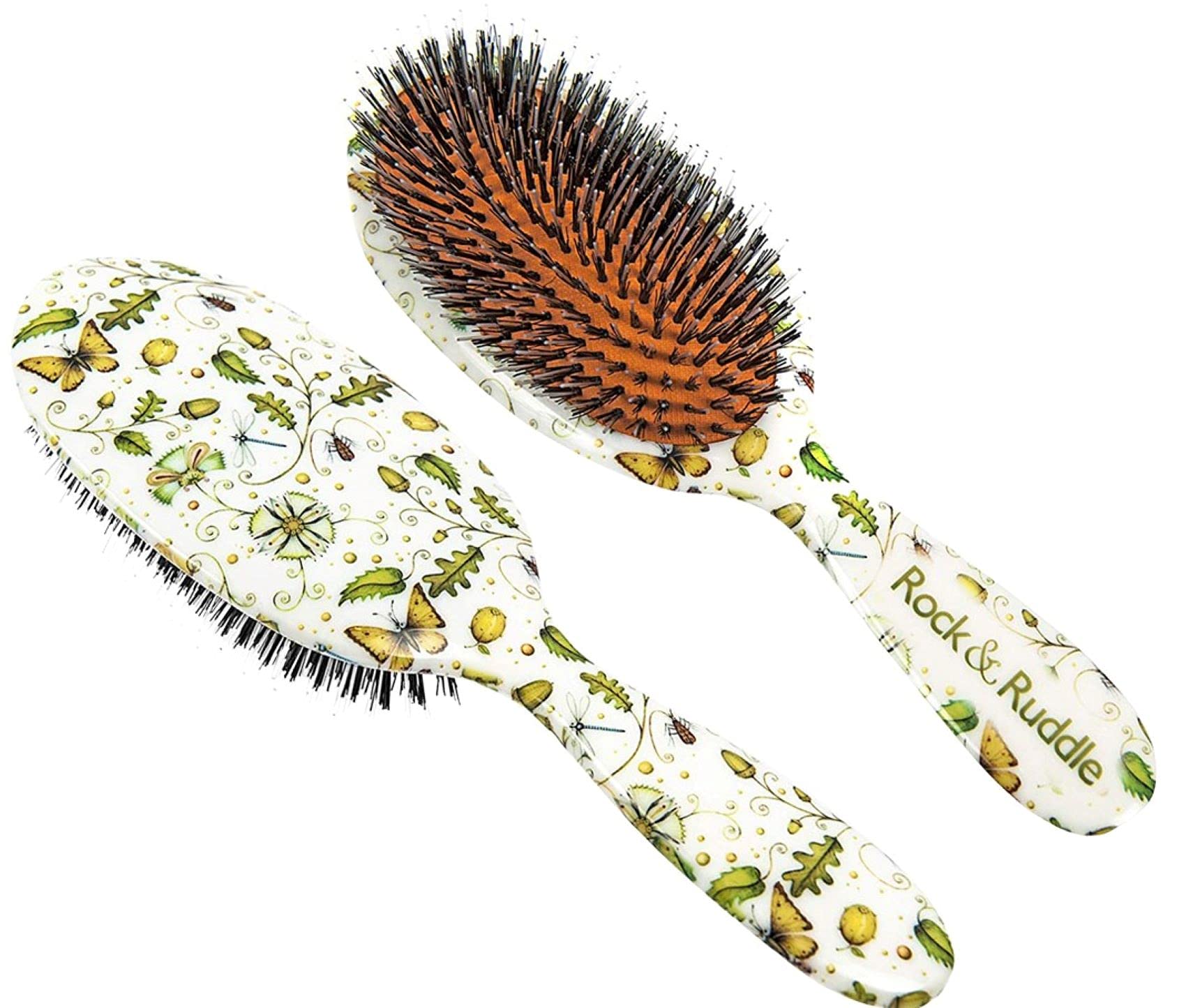 Rock & Ruddle Natural Mixed Boar Bristle Hair Brush for Women and Kids (Large, 21cm) - Perfect for Wet or Dry Hair, Detangling Smoothing Blowdrying - Designed & Made in UK - Acorns & Butterflies Design