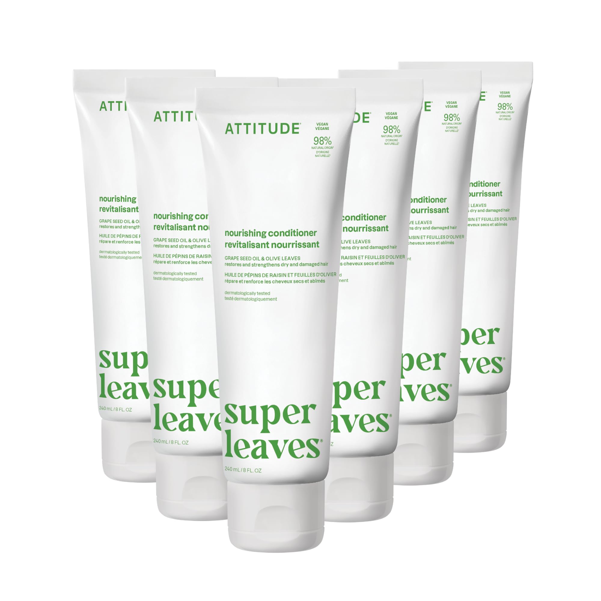 ATTITUDE Nourishing Hair Conditioner, For Dry and Damaged Hair, Naturally Derived Ingredients, Vegan Detangler, Dermatologically Tested, Grapeseed Oil and Olive Leaves, 8 Fl Oz (Pack of 6) Image