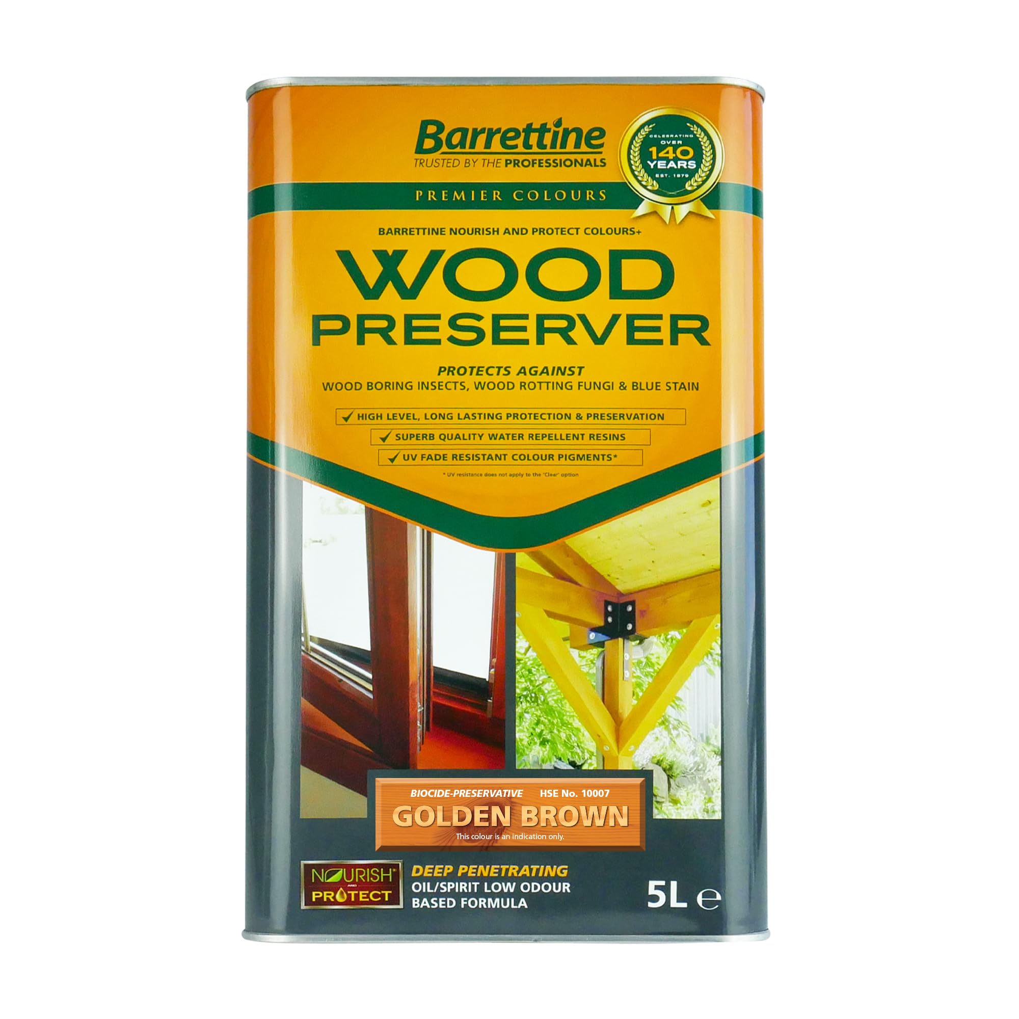 Barrettine Wood Preserver (Golden Brown, 5L) - UV Fade Resistant, Durable & Water Repellent Premier Wood Preserver, Deep Penetrating, Low Odour & Oil Based, Suitable for Outdoor & Indoor Use