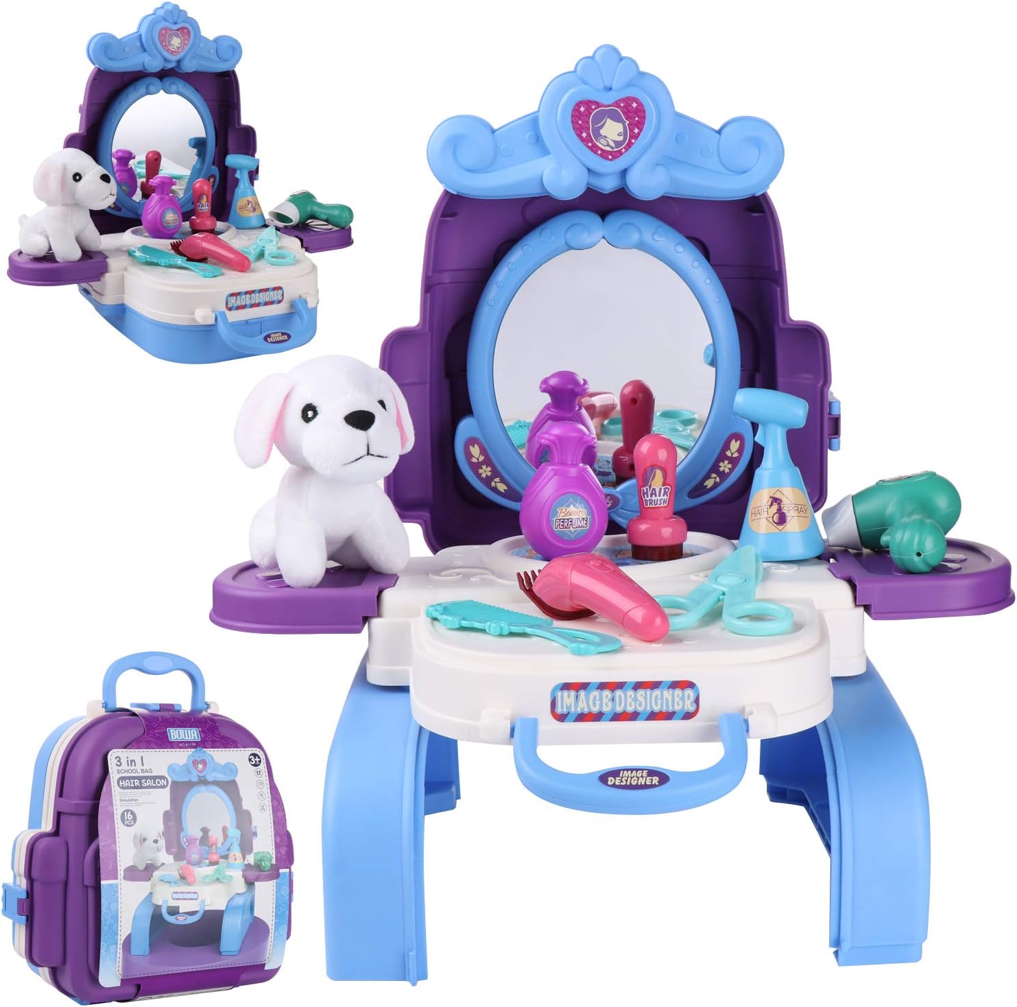 Kids Beauty Hair Salon Toy Pretend Play Hair Styling Set Simulation Hairdressing Kit with 3-in-1 Carrier Backpack, 16Pcs Role Play Educational Toy Pretend Game Gifts for Kids Girls Birthday Christmas: Toys & Games
