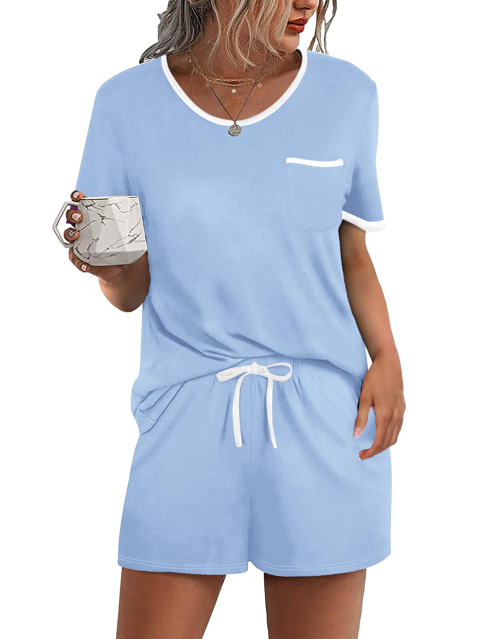Photo 1 of ***SEE NOTES *****Ekouaer Pajama for Women Piece Lounge Set Short Sleeve Top Chest Pocket Light Blue XL