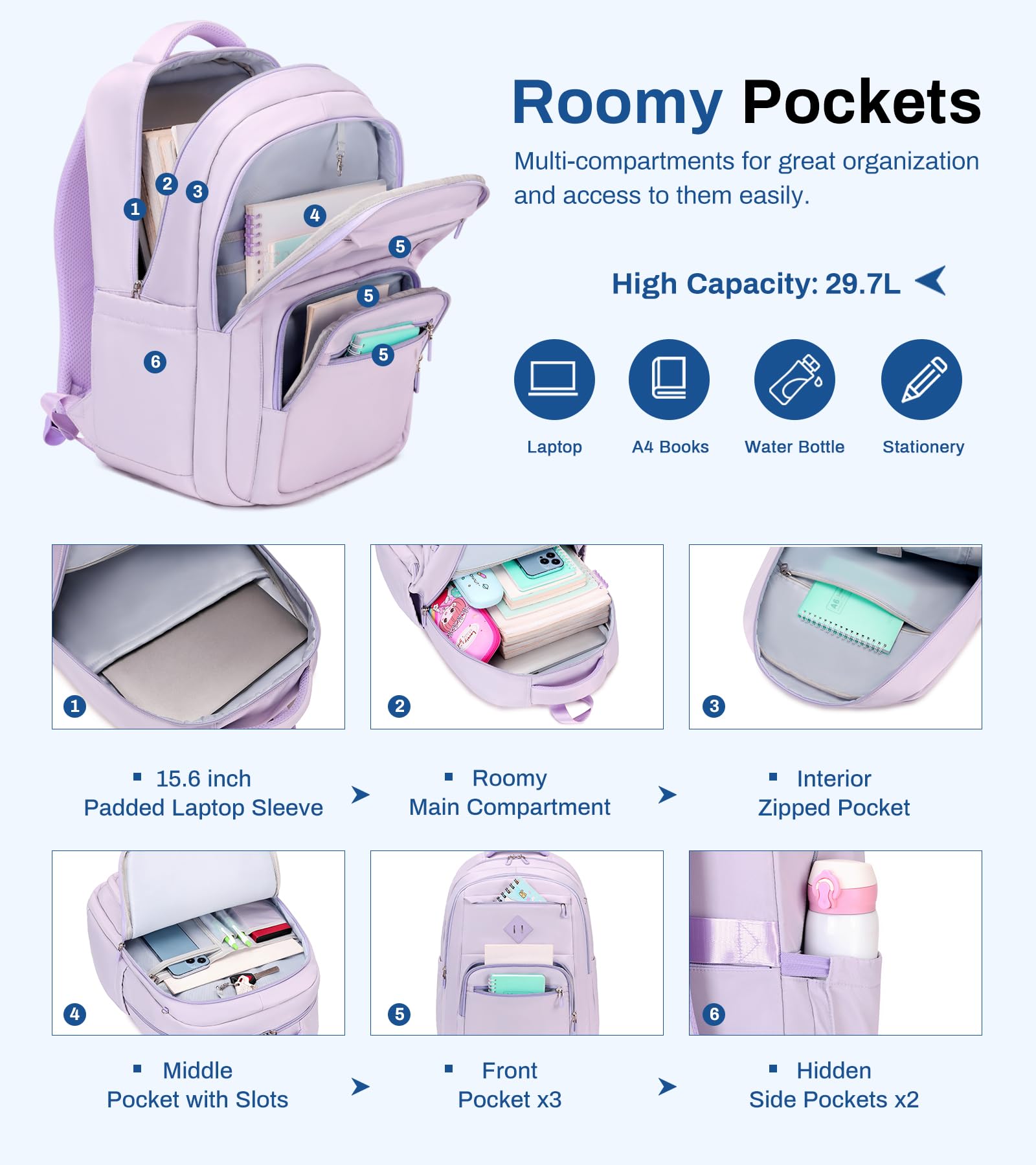 Sisipoet School Backpack for Girls, Lightweight Kids Bookbag Classic College Backpack for Teen Women with Luggage Strap, Age 8-18 Years Old, Purple