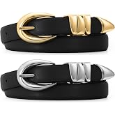WHIPPY 2 Pack Women Skinny Leather Belts for Jeans Pants Dresses Ladies Fashion Casual Waist Belt with Shiny Gold Buckle