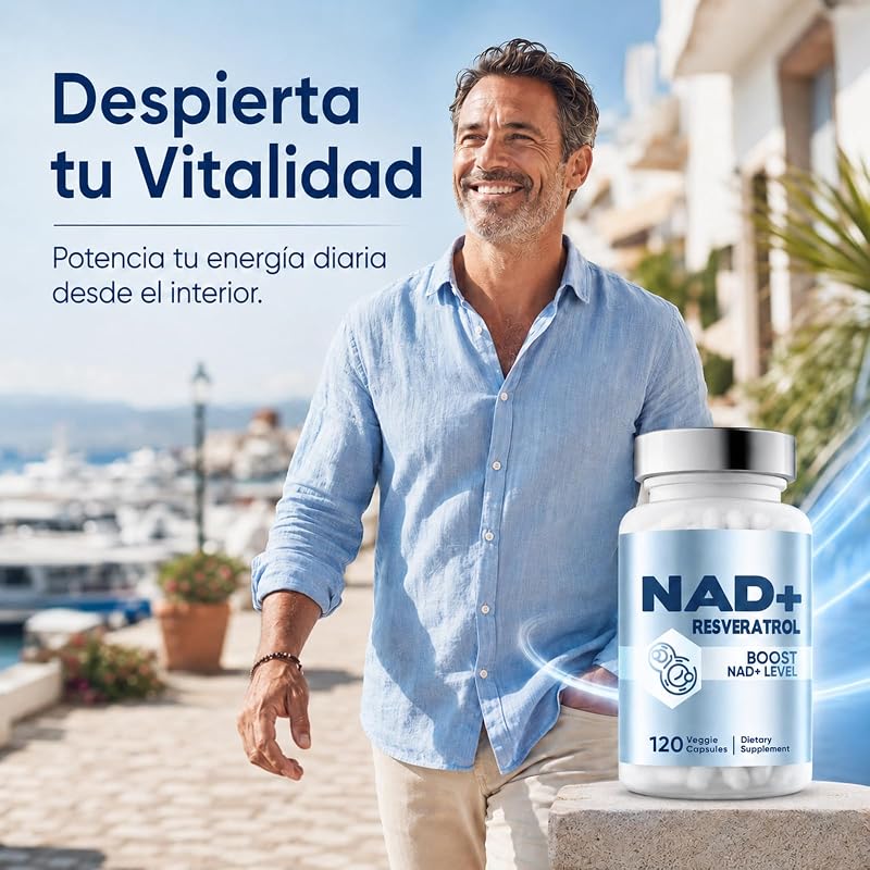 Suplemento de NAD+, 1500 mg de NAD e 250 mg de Trans-Resveratrol por porção, NAD Resveratrol para Suporte à Energia Celular, Vitalidade Diária e Envelhecimento Saudável, 120 Cápsulas Vegan