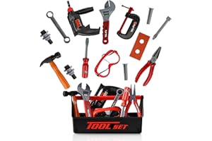 PLAYKIDIZ Playkidz Tool Box for Kids 22-Piece Boys & Girls Construction Toy Playset w/Carry Chest, Working Push Button Power Drill, Hammer, Screwdriver, Wrench, Pliers, Saw & Other Realistic Tools Ages 3+
