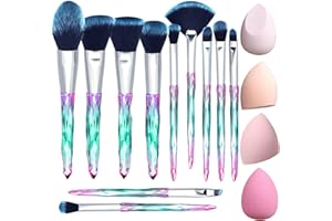 XMOSNZ Makeup Brushes 10pcs Premium Synthetic Bristles Crystal Handle Set Eyeshadow Brush Face Lip Eye Make Up Brush Sets Professional with 4 Makeup Sponge (Brushes & Makeup Sponge, Lake Blue)