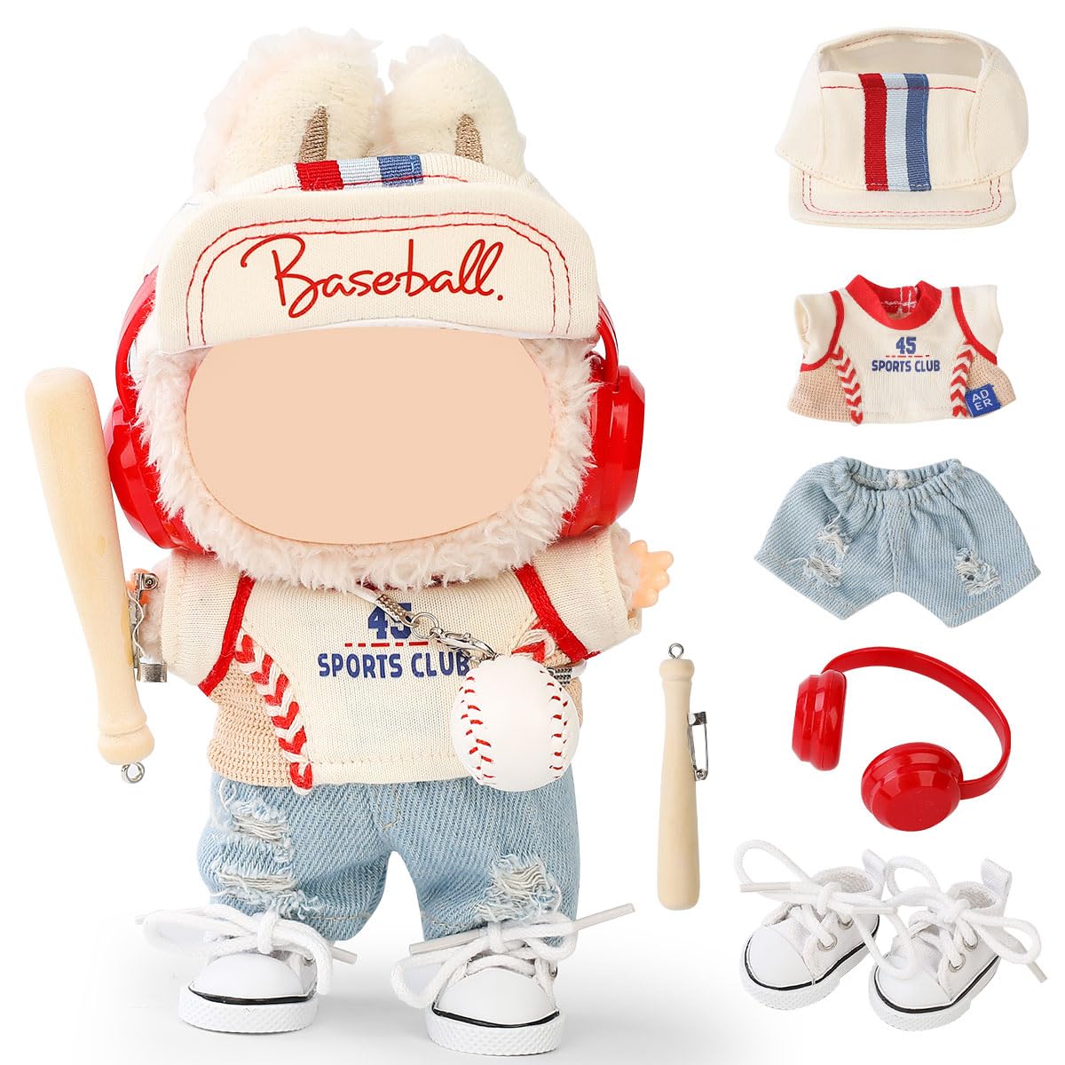 LEWOTE Clothes Set Compatible for Labubu Doll, Hat Suit Ornaments Accessories Set for 17cm/6.7inch Doll (Baseball Set)