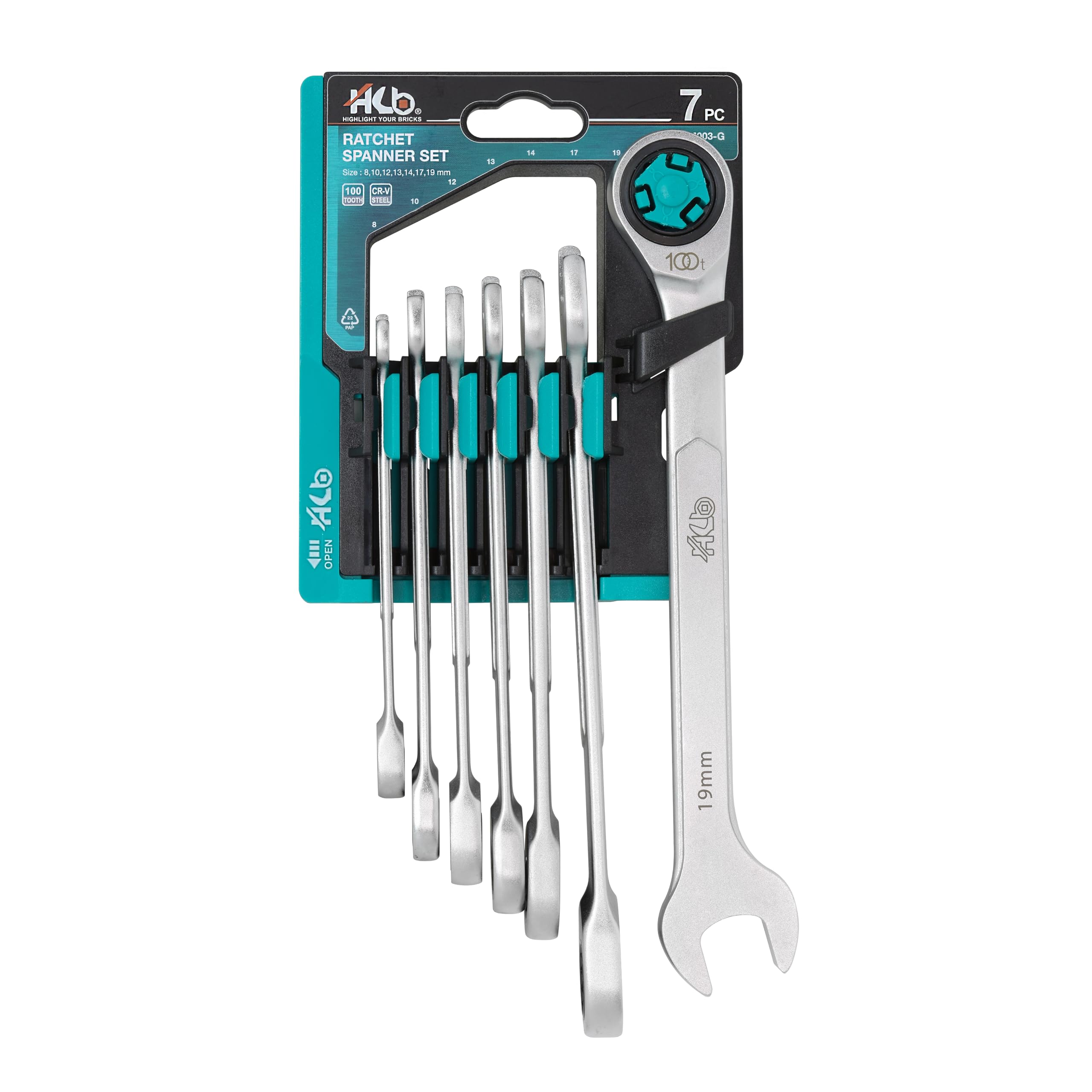 HB 7 Piece Ratchet Spanner Set Metric 100 Tooth 12 Point Box End 15° Angled Head Reversible Combination Wrenches with Storage Rack Chrome Vanadium Steel Professional Tools Made in Taiwan WKM003-G