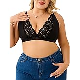 MakeMeChic Women's Plus Size Lace Bralette Wireless Bra Deep V Neck Full Coverage Sheer Bralettes