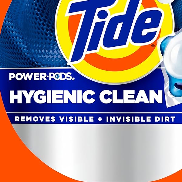 TIDE POWER PODS HYGIENIC CLEAN HEAVY DUTY LIQUID LAUNDRY DETERGENT PACS, FREE AND CLEAR OF DYES AND PERFUMES, FOR VISIBLE AND INVISIBLE DIRT, 45 COUNT, HE COMPATIBLE