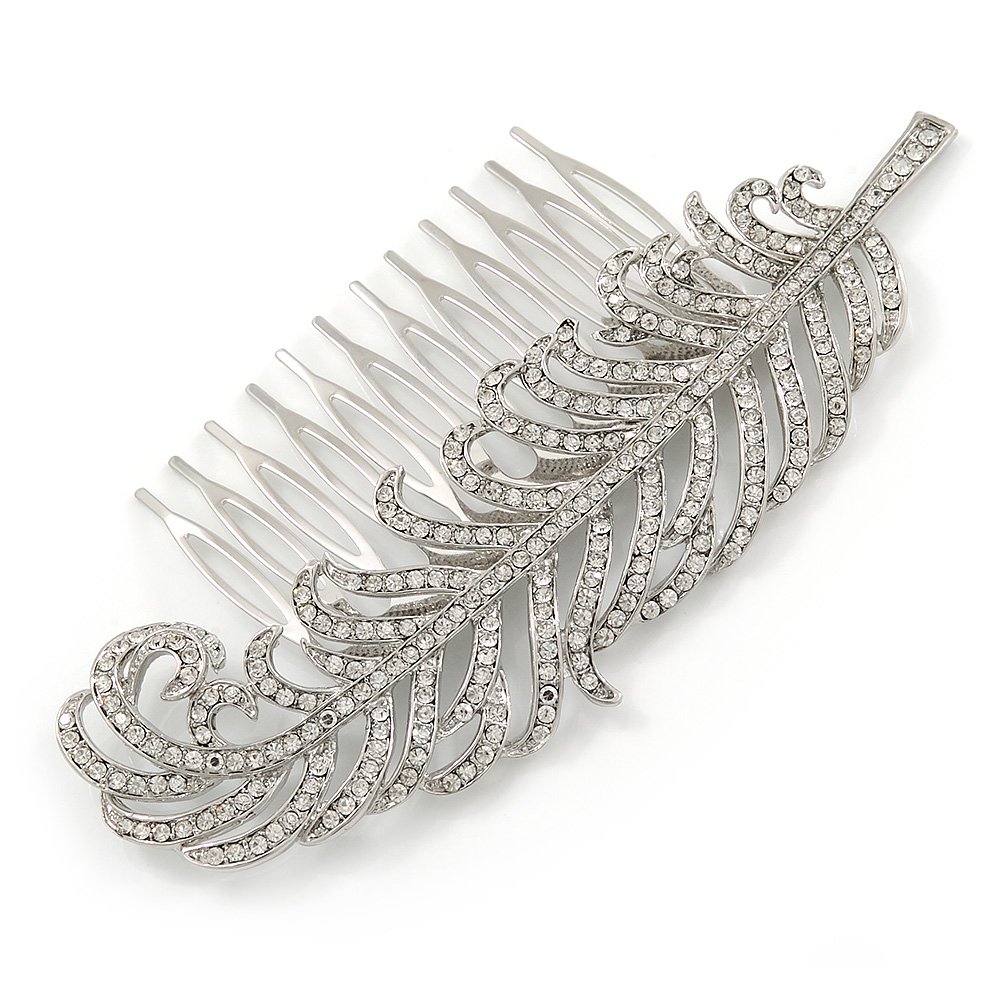 Bridal/Prom/Wedding/Party Rhodium Plated Clear Austrian Crystal Feather Side Hair Comb - 12cm W
