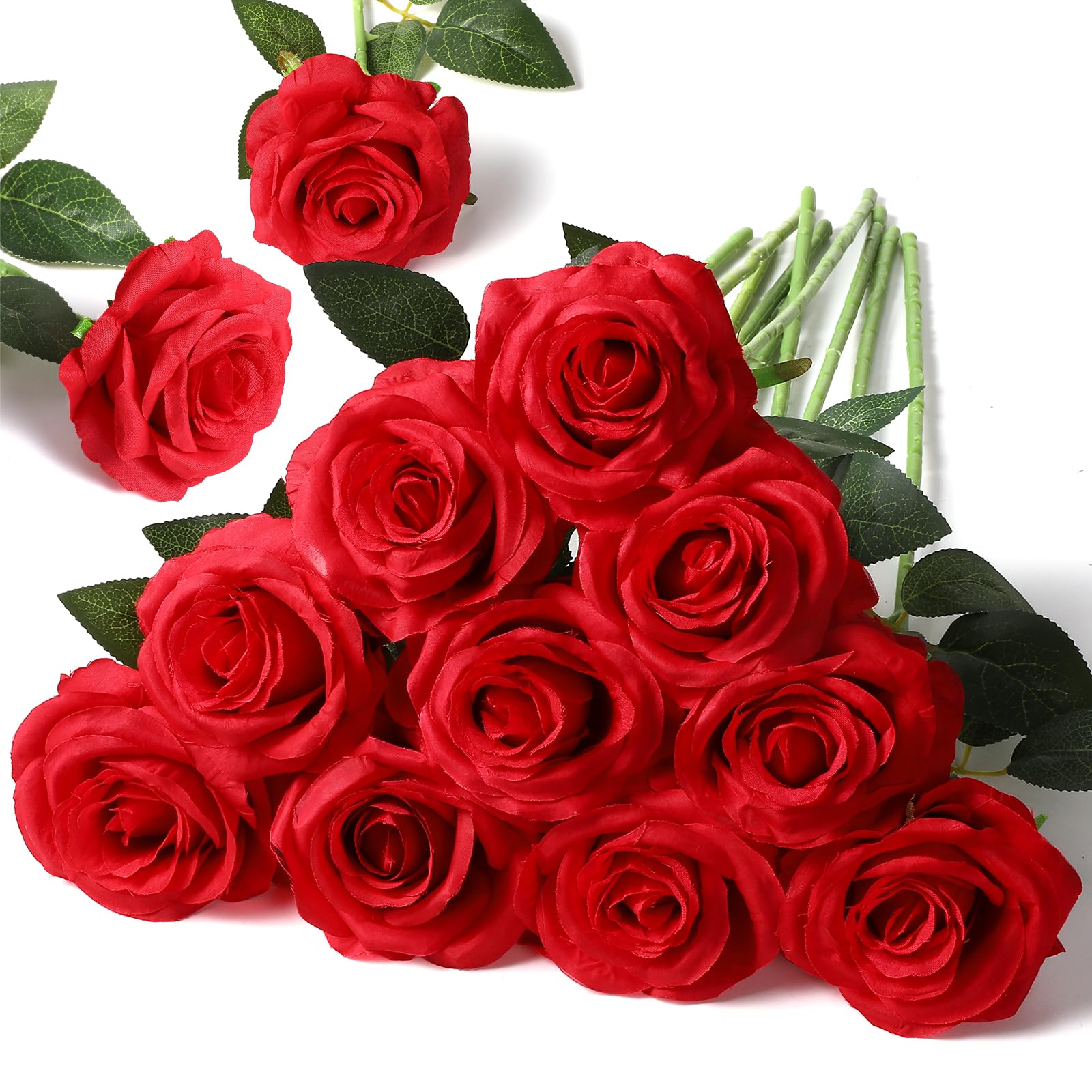 Floralsecret 12 Pcs Artificial Roses Flowers Silk Flower Bouquet Fake Single Stem with Long Stem for Home Wedding Party Garden Decoration(Red)