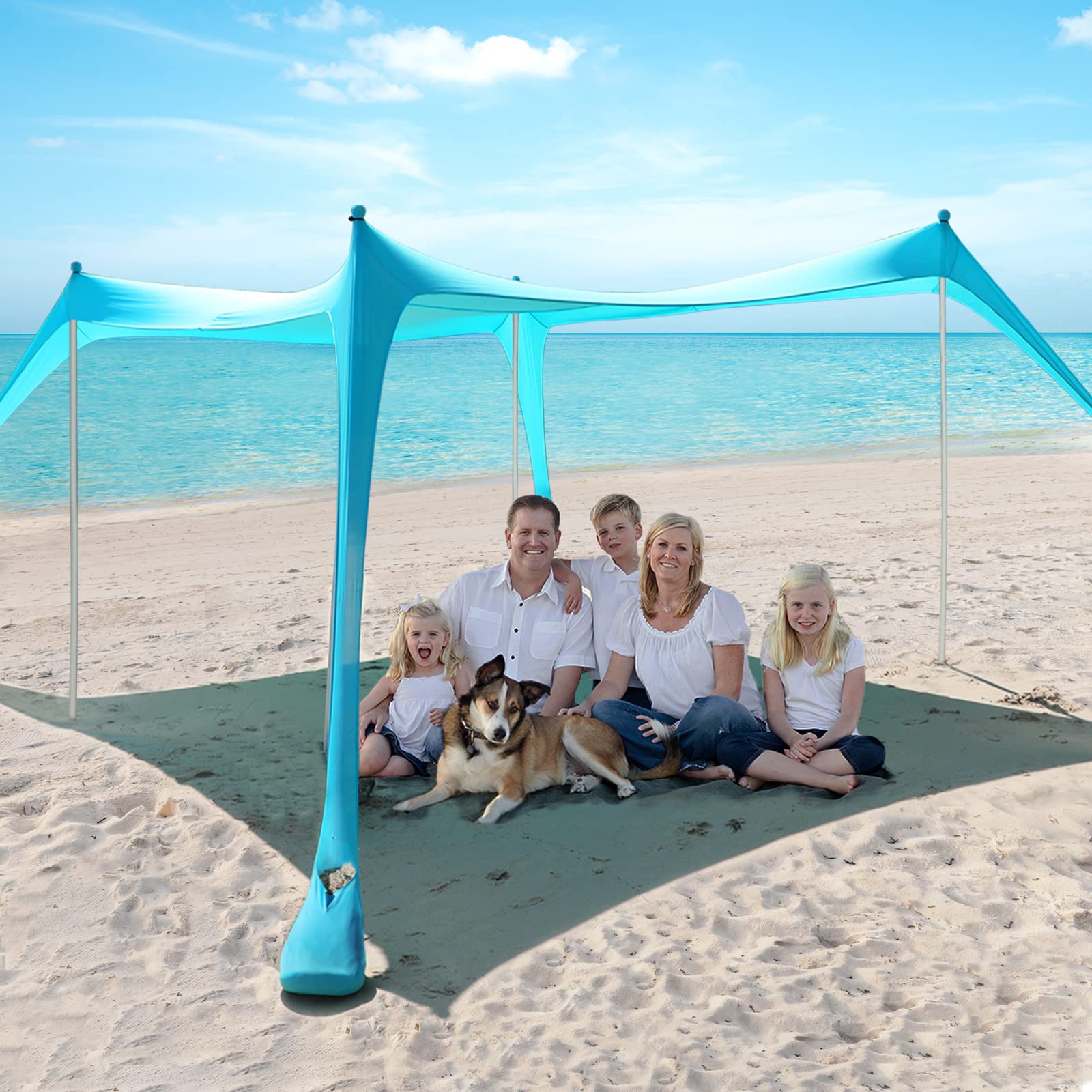 Photo 1 of Beach Tent - Beach Tent Canopy UPF 50+ UV, 10 x 10 FT, Anti-Wind Beach Shade with 4 Windproof Ropes, 4 Poles, 1 Portable Bag,Turquoise