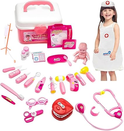 Amazon Flycreat お医者さんごっこセット 28点セット ライト サウンドエフェクト搭載道具 組立式 ケース付 ピンク お医者さん おもちゃ