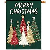 Merry Christmas House Flag 28x40 Inch Forest Green Xmas Tree Holiday Winter Decorative Garden Flags for Outside Double Sided Seasonal Outdoor Home Farmhouse Decoration Porch Yard New Year Decor