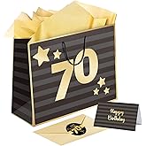 Sumerk 13" Large Gift Bag Set, Black Gold 70th Birthday Gift Bag, 3 PCS Gold Tissue Wrapping Paper, 2 PCS 70th Stickers, Birthday Card with Envelope