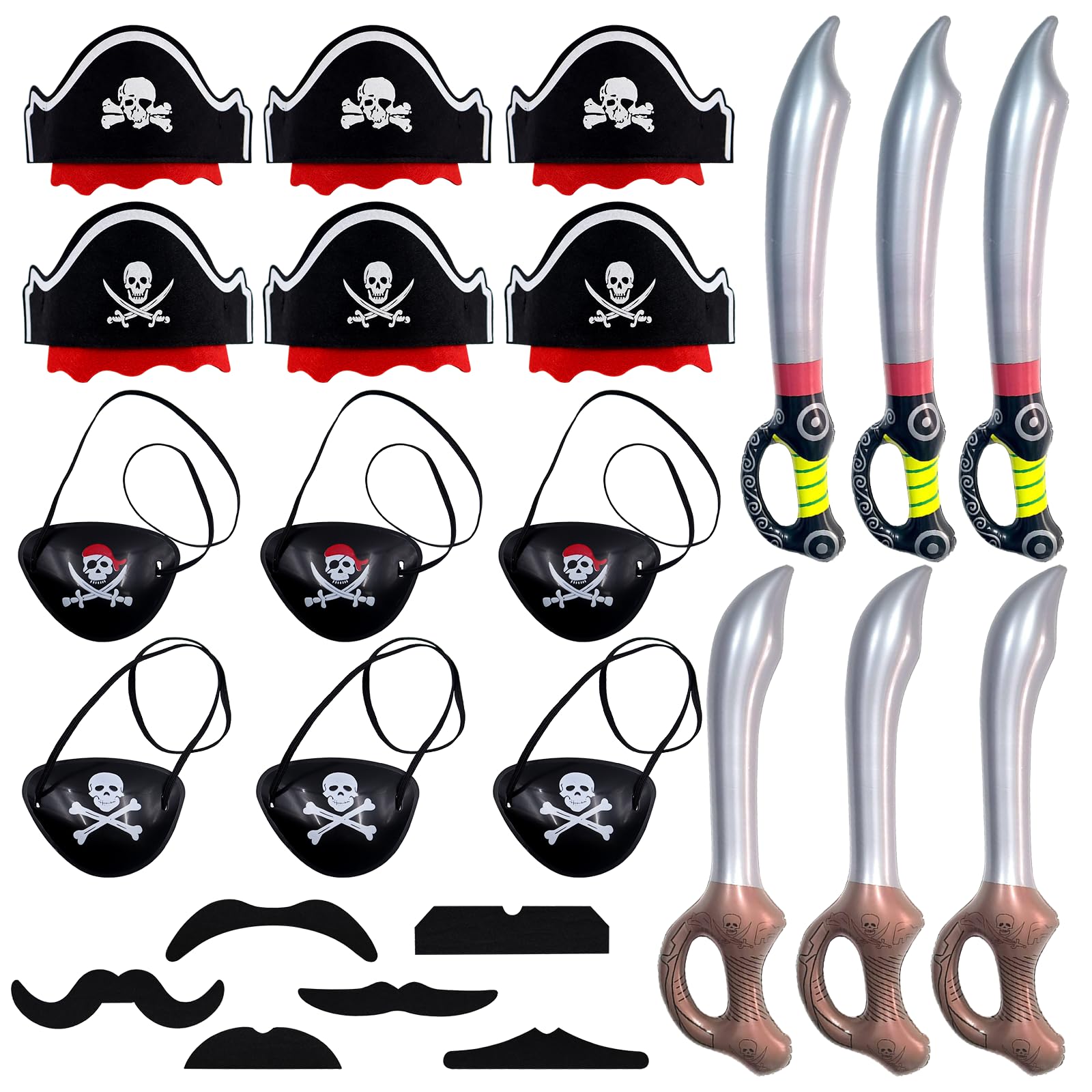 GETRICH 24-Piece Kids' Pirate Costume Set - Skull Print Hats, Eye Patches, Swords & Fake Moustache for Halloween