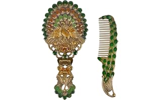 Nerien Vintage Mirror Comb Set, Antique Peacock Handheld Vanity Mirror with Comb, Metal Decorative Tabletop Stand Cosmetic Mirror, Travel Folding Handle Mirror, Makeup Mirror Gift for Women, Bronze