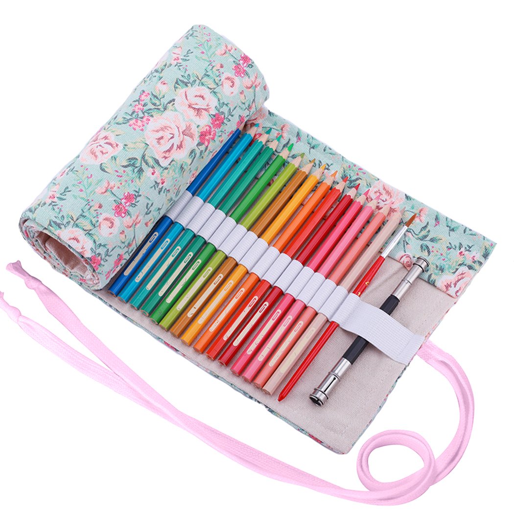 Amoyie Roll Up Pencil Case for 48 Coloured Pencils, Foldable Colouring Pen Organiser Bag, Canvas Coloring Pens Holder, Artist Wrap, Floral Blue Green