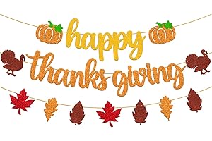 YOYMARR Happy Thanks Giving Banner Fall Leaves Garland Thanksgiving Day Autumn Turkey Theme for Happy Thanksgiving Party Glitter Gold Decoration