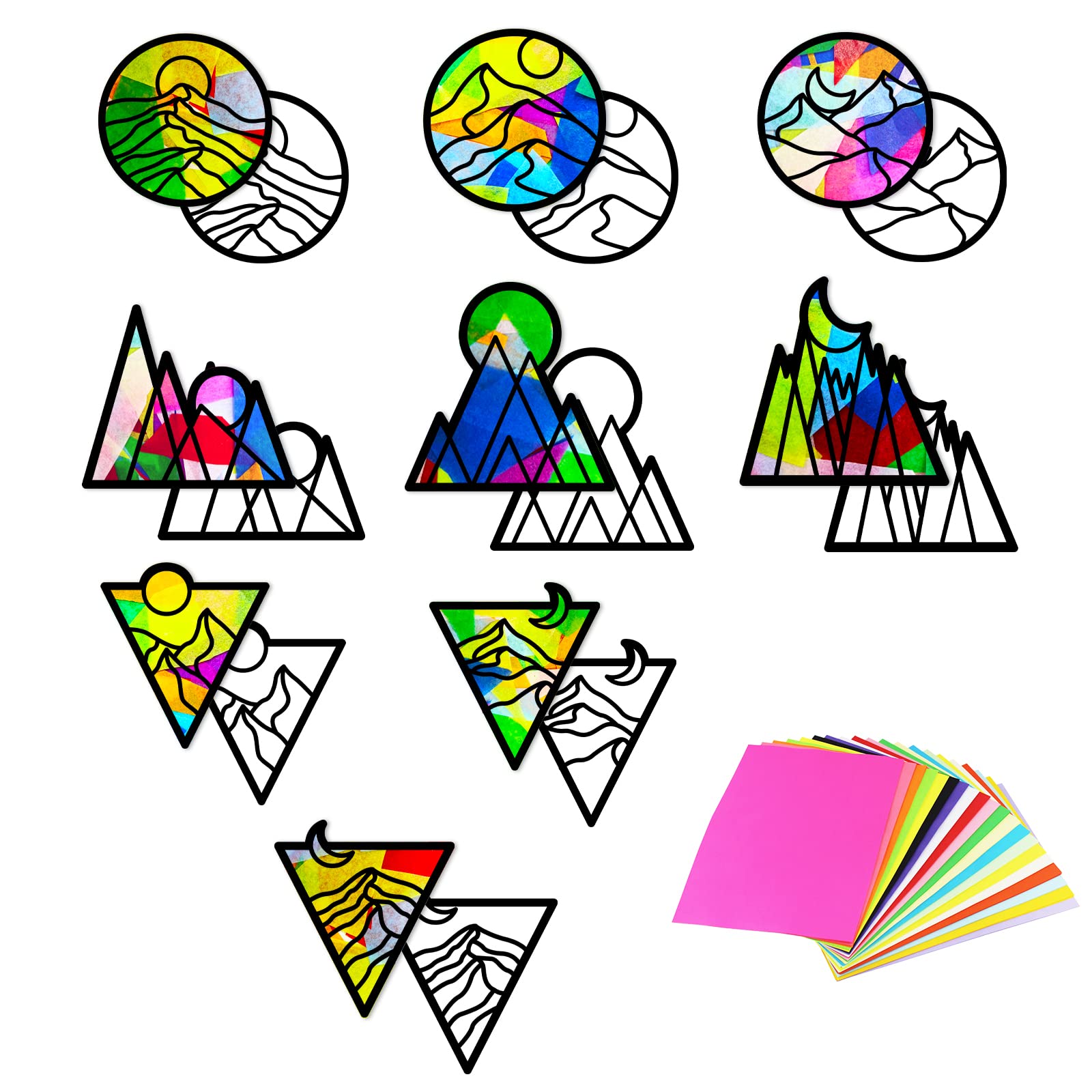 ORIGACH 18 Pcs Suncatcher Kit for Kids Mountain Veins Coloured Glass Effect Paper Crafts with 32 Pcs Colored Paper DIY Tissue Paper Suncatchers for Window Classroom Arts and Crafts Party Favors