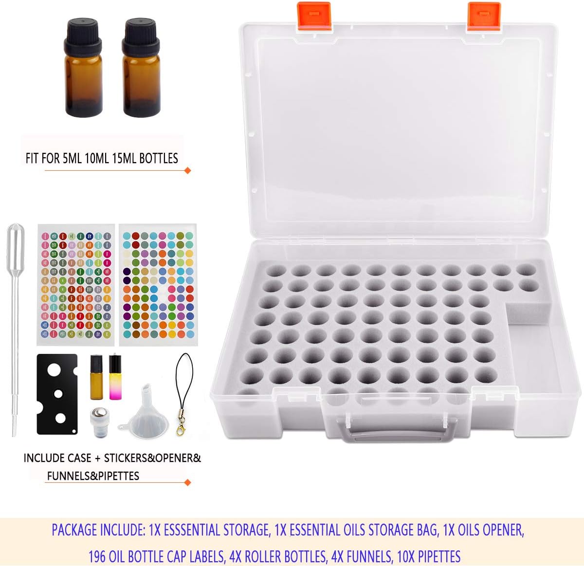 Essential Oil Storage Case Contains 73 Bottles and accessories with Stickers, Opener, Funnels, Pipettes, Bottles Organizer Holder Container (Not Include Bottles)