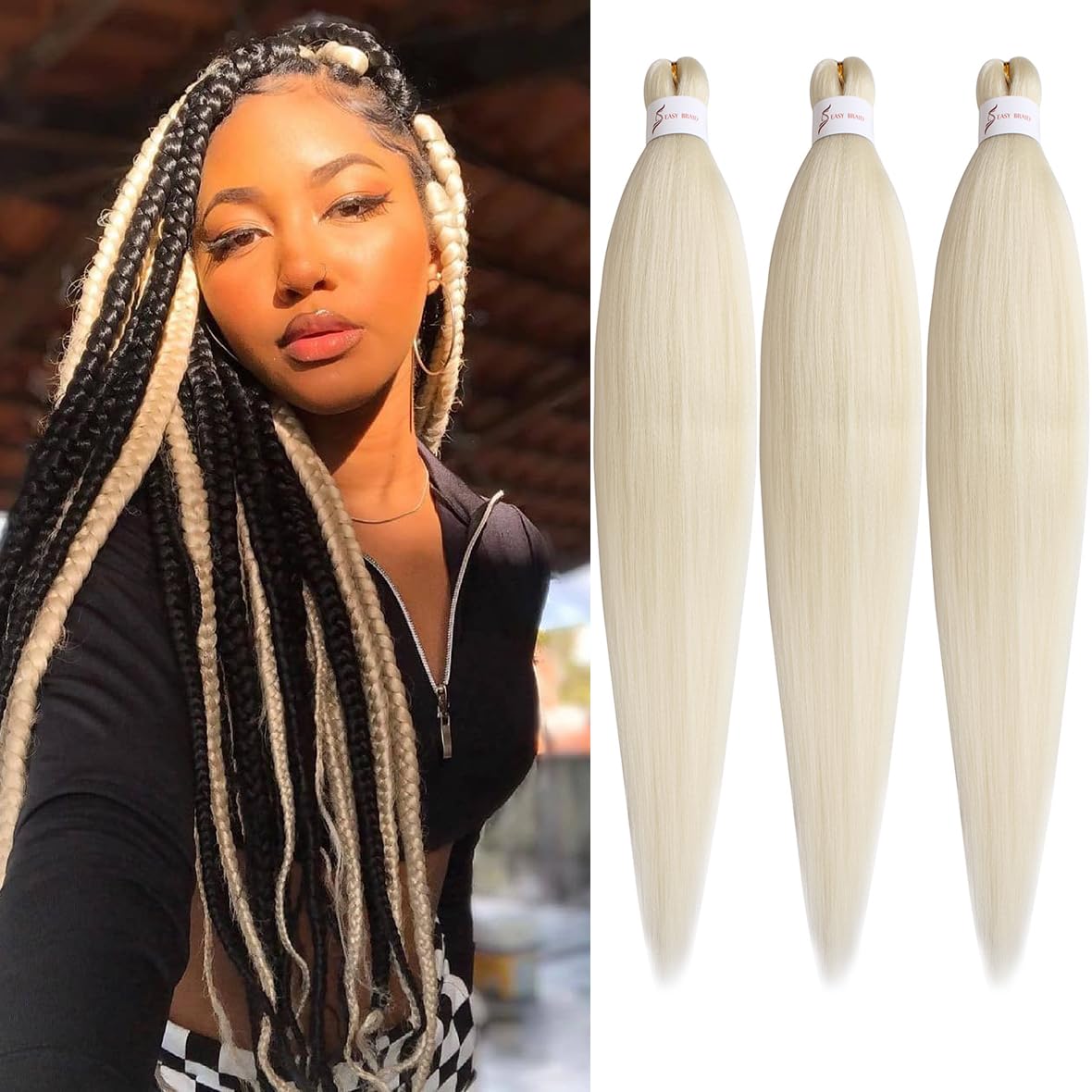 Leeven 3 Packs Blonde Pre Stretched Braiding Hair 26 Inch Yaki Braiding Hair Extensions for Box Braids Pre Stretched Braiding Hair Extensions EZ Braids 613# โ image 1