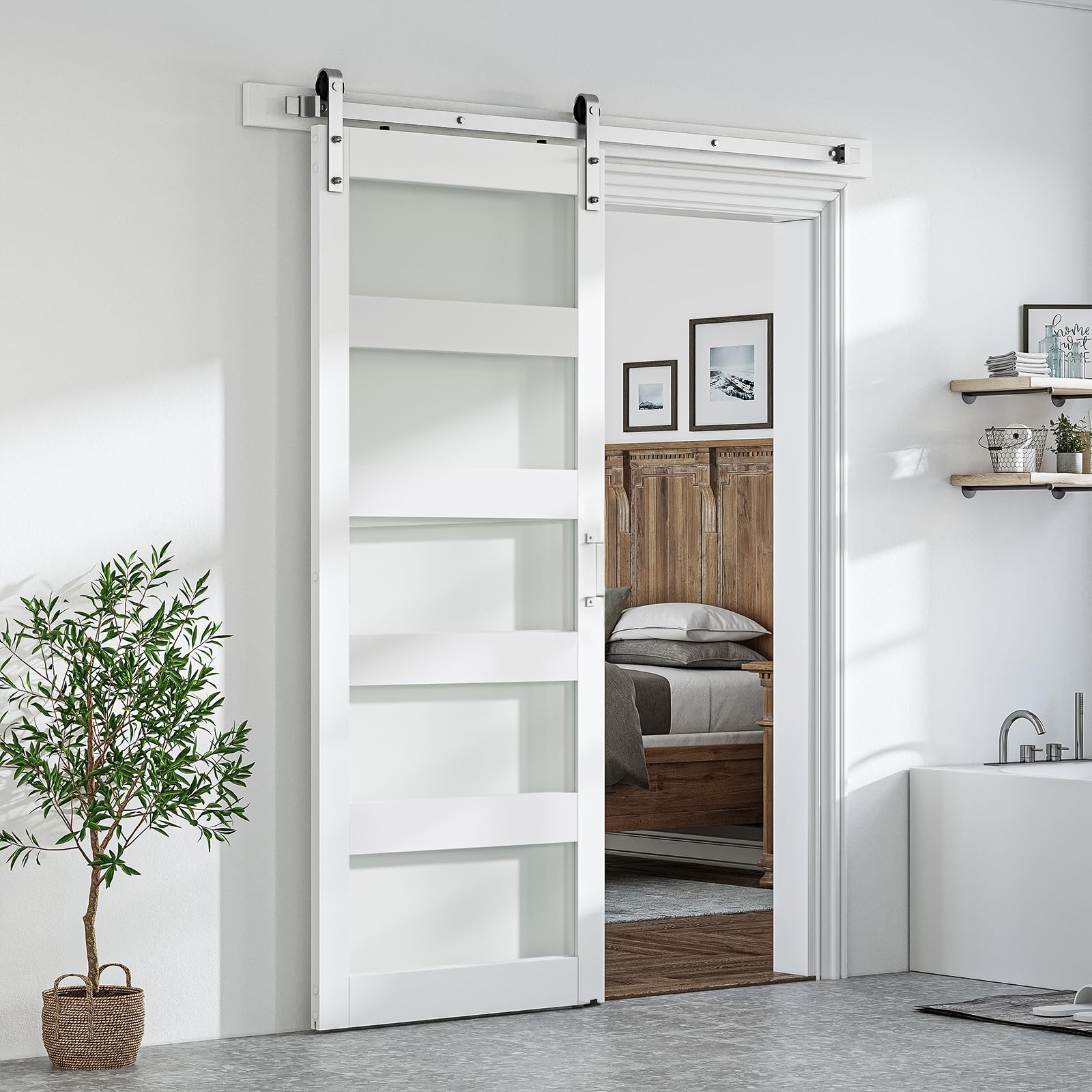 Photo 1 of SmartStandard 36 x 84 inch Glass Barn Door with 6.6FT Brushed Nickel Sliding Hardware Kit & Handle, Pre-Drilled Ready to Assemble, Waterproof PVC Coating, White, 5-Panel Glass