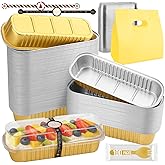 HEYDIUDIU Mini Loaf Pans With Lids and Spoons, 100 PCS 6.8oz Mini Cake Pans for Baking, Aluminum Foil Loaf Pans, Small Aluminum Cake Tins, Cake Pans with Clear Lids,Sporks,Stickers,Gift Box(Gold)