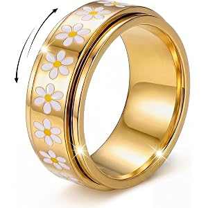 Daisy Fidget Ring for Anxiety Relief - 18K Gold Plated Anti-Stress Spinner Band,Stainless Steel Statement Flower Rings for Wo