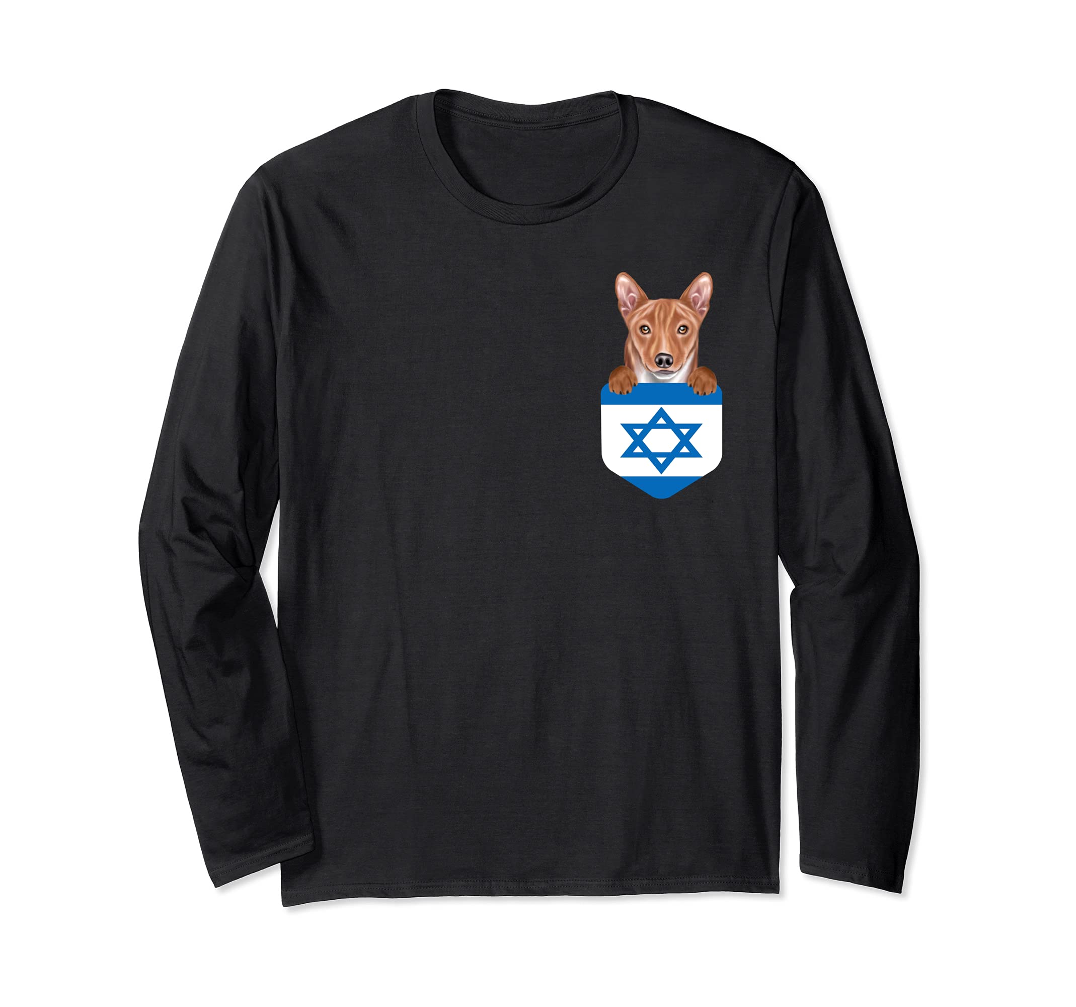 Israel Flag Basenji Dog In Pocket Long Sleeve T-Shirt