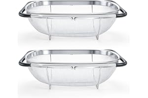 Suwimut 2 Pack Over the Sink Oval Colander for Kitchen, Stainless Steel Fine Mesh 6 Quart Strainer Basket with Expandable Rub