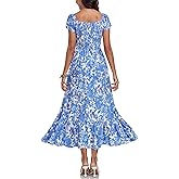 Women's Summer Casual Short Sleeve V Neck Smocked Elastic Waist Tiered Boho Floral Flowy Maxi Dress