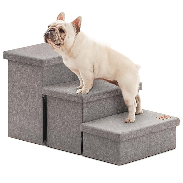LOVE’S CABIN DOG STAIRS FOR HIGH BED 18″H,FOLDABLE PET STAIRS FOR SMALL MEDIUM OR LARGE DOGS PUPPY WITH STORAGE FOR BED OR COUCH, CAT DOG STEPS RAMP WITH ZIP UP TO 200 LBS(SOLID GREY,3 STEPS NO CONDO)