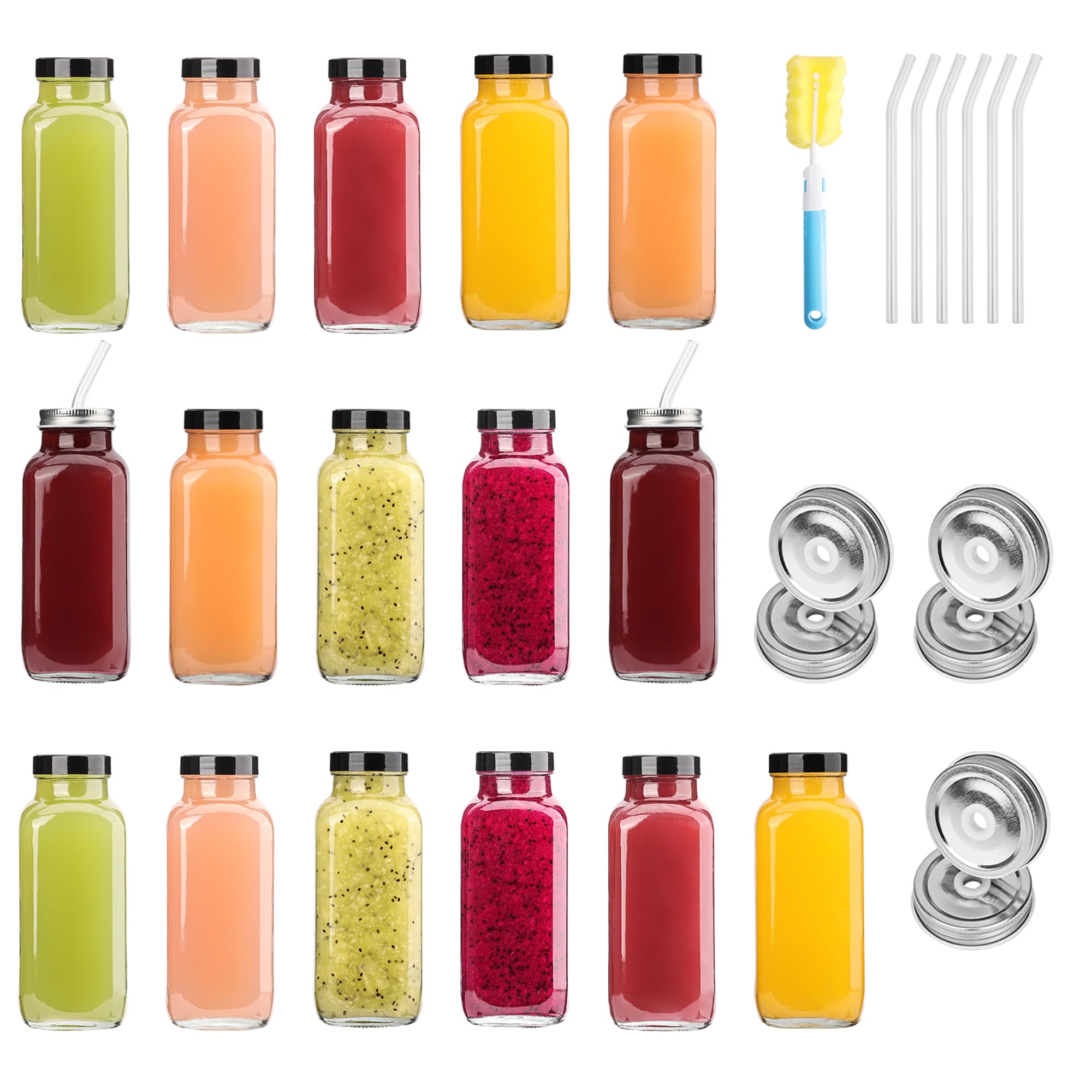 Photo 1 of Glxgow 16 Pack 16 OZ Glass Juice Bottles with Airtight Lids & 4 Straws & 6 Lids w Hole, Reusbale Clear Glass Homemade Drinking Jars, Glass Bottles for Juicing, Smoothies, Water, Milk, Kombucha