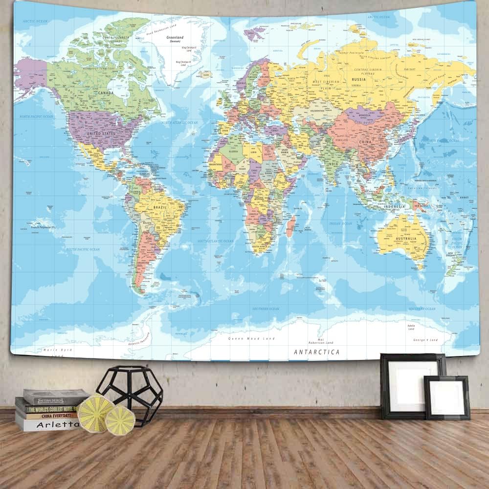 Tapestries - TOMOZ World Map Tapestry Wall Hanging for Kids Student, World Map with Countries and Major Cities Tapestry Educational Tapestry for Bedroom Living Room Dorm Home Decoration 60 x 51Inch