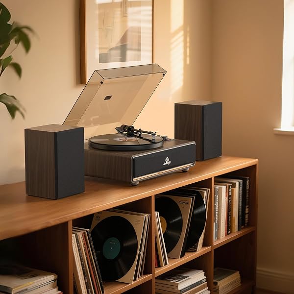 VINYL RECORD PLAYER BUILT IN HIFI STEREO SPEAKERS BT WIRELESS INPUT BELT DRIVE IRON PLATTER TURNTABLES FOR VINYLS RECORDS WITH MM AUDIO AT-3600L CARTRIDGE SOFT WARM LIGHT DESIGN WOODEN CREAM WALNUT