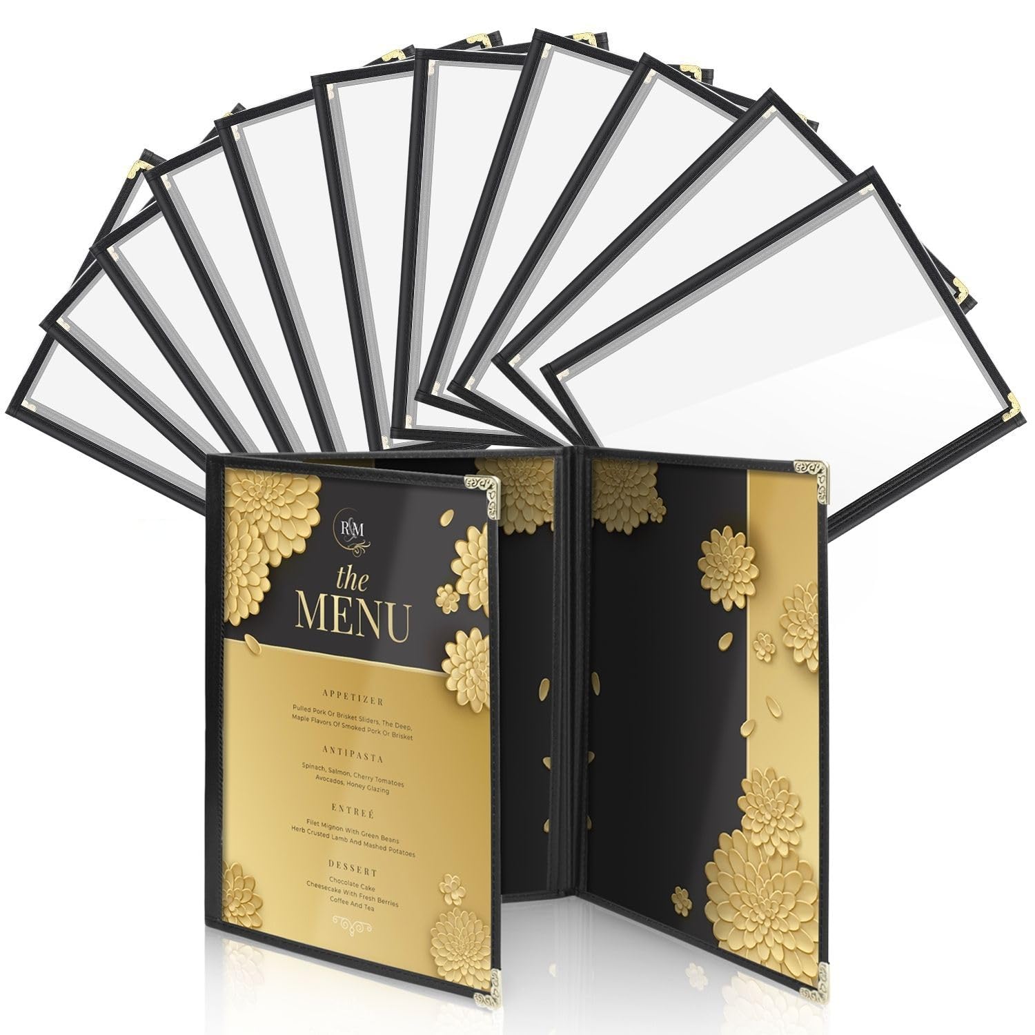 Flexzion Trifold Menu Covers 8.5 x 11 Inch (12 Pack) - Triple Stitched Menu Holder with 3 Pages 6 Views - Transparent Clear Menu Book Covers with Gold Metal Corner for Restaurant, Hotel, Cafe