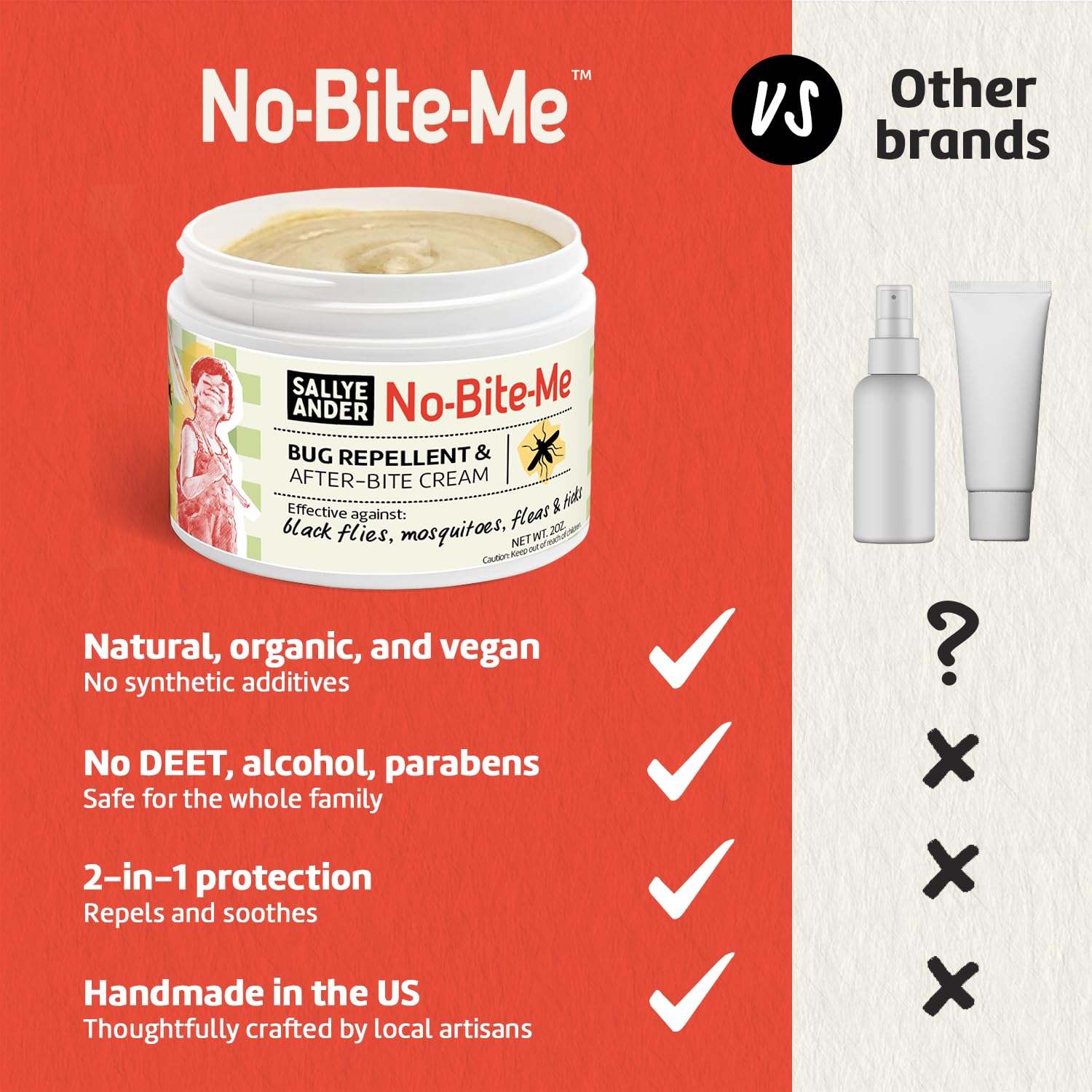 SALLYEANDER No Bite Me All-Natural Bug & Insect Repellent - Anti Itch Cream - 2 oz - Safe for Kids and Infants - Repels Mosquitoes, Black Flies, Fleas, and Ticks